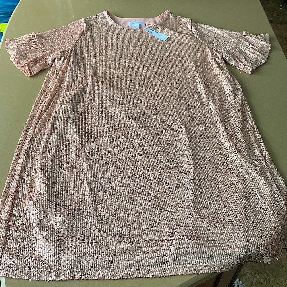 Rose gold sequence dress.